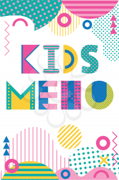 Cover for kids menu. Trendy geometric font in memphis style of 80s-90s. Abstract geometric background