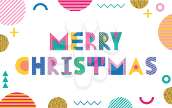 Merry Christmas. Trendy geometric font in memphis style of 80s-90s. Abstract colored shapes isolated on white background