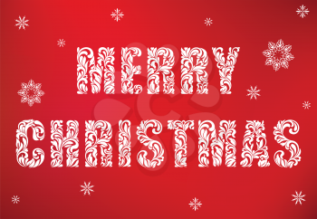 MERRY CHRISTMAS. Text made of floral elements on a red background. Greeting card or poster. 