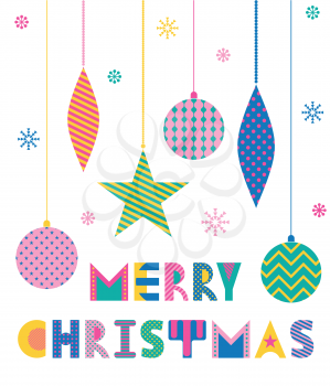Merry Christmas. Trendy geometric font in memphis style of 80s-90s. Abstract colored christmas decorations isolated on white background