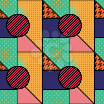 Seamless pattern in Memphis style. Abstract vector backgrounds with geometric ornaments in the style of 80-90. 