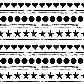 Seamless pattern. Hand drawn stars, circles, hearts and strips isolated on a white background. 