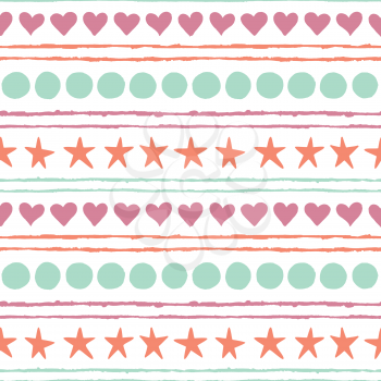 Seamless pattern. Colored hand drawn stars, circles, hearts and strips isolated on a white background. 
