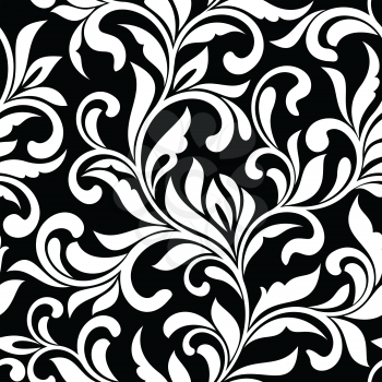 Elegant seamless pattern. Tracery of swirls and decorative leaves on a black background. Vintage style. It can be used for printing on fabric, wallpaper, wrapping