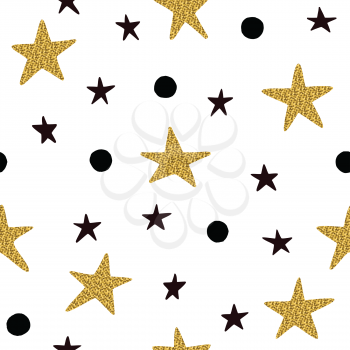 Seamless pattern with black and golden stars with black dots and isolated on a white background. 
