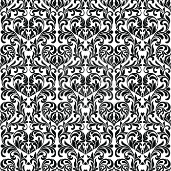 Damask Seamless pattern. Hearts made in swirls, leaves and floral elements on a floral background. Vintage style