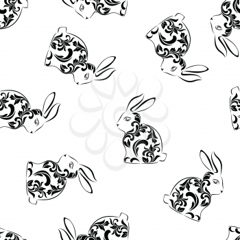 Seamless pattern. Rabbit with floral tracery  isolated on a white background.
