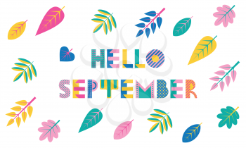 Hello SEPTEMBER. Trendy geometric font in memphis style of 80s-90s. Abstract geometric background