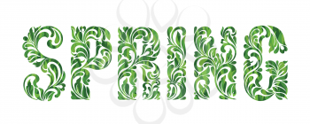 SPRING. Decorative Font with swirls and floral elements isolated on a white background