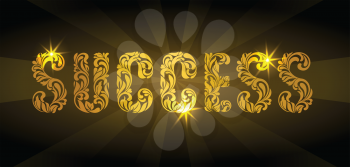 Word SUCCESS. Golden decorative font made in swirls and floral elements on a dark background with rays and spark