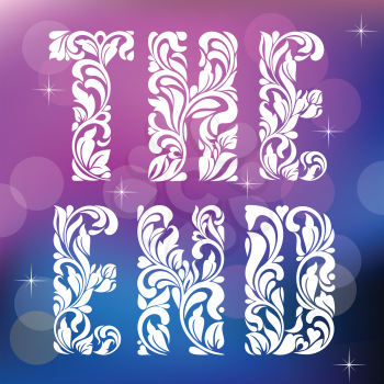THE END. Decorative Font made in swirls and floral elements. Inscription on a cosmic background with stars and bokeh