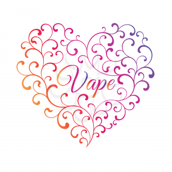 Multicolored heart of smoke curls. In the center of the inscription is Vape isolated on a white background.