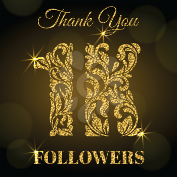 1K Followers. Thank you banner. Decorative Font with swirls and floral elements. Golden letters with sparks on a dark background.