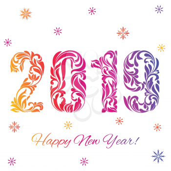 Happy New Year 2019. Decorative Font made of swirls and floral elements. Colored Numbers and snowflakes isolated on a white background. Suitable for greeting card, banner, poster