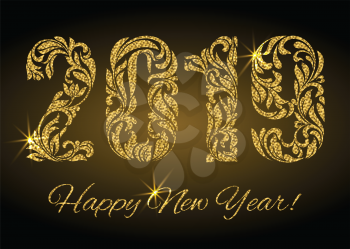 Happy New Year 2019. The figures from a floral ornament with golden glitter and sparks on a dark background. Luxury design