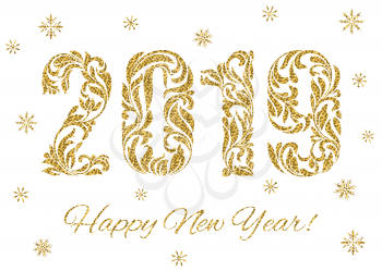 Happy New Year 2019. The figures with golden glitter made in floral ornament isolated on a white background.