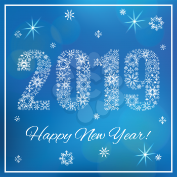 Happy New Year 2019. Figures made of snowflakes. Blue background with bokeh and square frame 