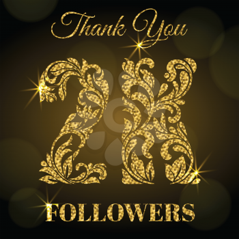 2K Followers. Thank you banner. Decorative Font with swirls and floral elements. Golden letters with sparks on a dark background.