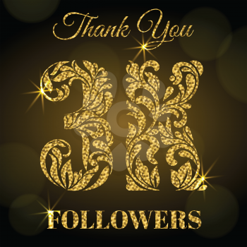 3K Followers. Thank you banner. Decorative Font with swirls and floral elements. Golden letters with sparks on a dark background.