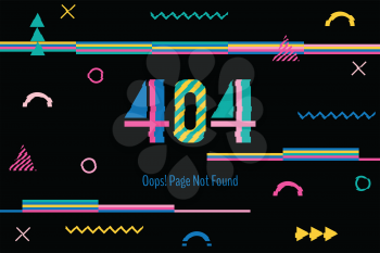Page with a 404 error in the popular memphis style. Template reports that the page is not found. Digit and geometric elements on black background. Computer glitch 
