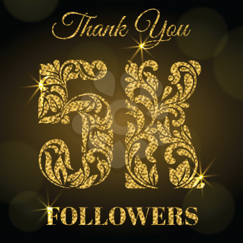 5K Followers. Thank you banner. Decorative Font with swirls and floral elements. Golden letters with sparks on a dark background.