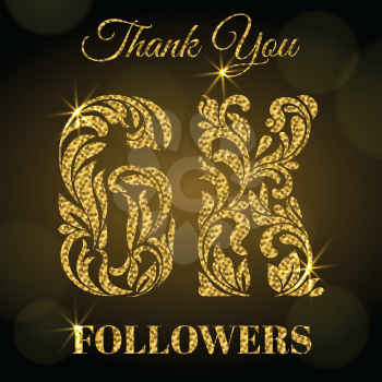 6K Followers. Thank you banner. Decorative Font with swirls and floral elements. Golden letters with sparks on a dark background.
