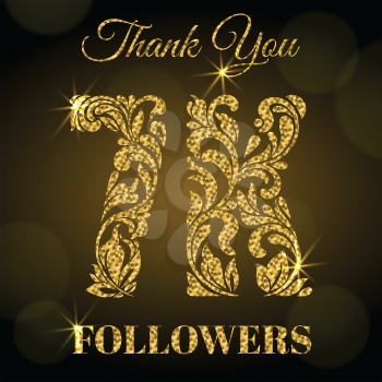 7K Followers. Thank you banner. Decorative Font with swirls and floral elements. Golden letters with sparks on a dark background.