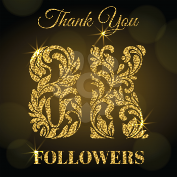 8K Followers. Thank you banner. Decorative Font with swirls and floral elements. Golden letters with sparks on a dark background.