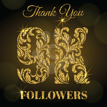 9K Followers. Thank you banner. Decorative Font with swirls and floral elements. Golden letters with sparks on a dark background.