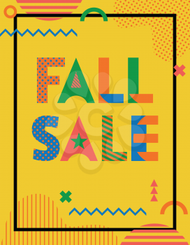 FALL SALE. Trendy geometric font in memphis style of 80s-90s. Abstract geometric shapes and text on yellow background