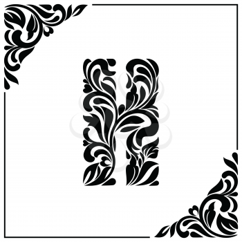 The letter H. Decorative Font with swirls and floral elements. Vintage style