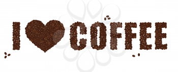 I LOVE COFFEE. Heart and text created from coffee beans isolated on a white background.