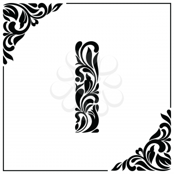 The letter I. Decorative Font with swirls and floral elements. Vintage style