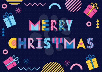 Merry Christmas. Trendy geometric font in memphis style of 80s-90s. Text, gifts and abstract colored shapes on dark blue background