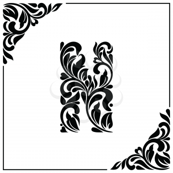 The letter N. Decorative Font with swirls and floral elements. Vintage style