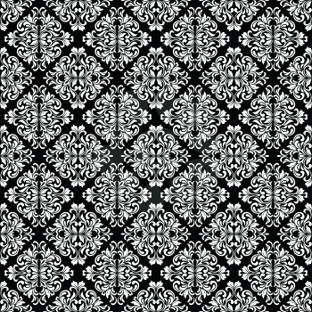 Luxurious seamless pattern. White ornate Damask ornament on a black background. Elegant tracery from swirls and foliage. Ideal for textile print and wallpapers.