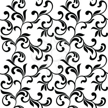 Floral seamless pattern. Black swirls and foliage isolated on a white background. Ideal for textile print and wallpapers.
