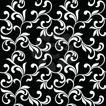 Floral seamless pattern. White swirls and foliage isolated on a black background. Ideal for textile print and wallpapers.
