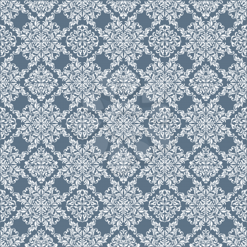 Seamless pattern with ornate Damask ornament on a gray background. Design of curls and plant elements. Ideal for textile print and wallpapers.