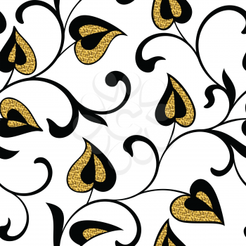 Romantic seamless pattern.  Swirling  twigs with golden leaves in the form of hearts isolated on white background. Ideal for textile print and wallpapers.