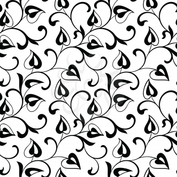 Romantic seamless pattern.  Swirling  twigs with leaves in the form of hearts isolated on white background. Ideal for textile print and wallpapers.