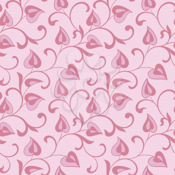 Romantic seamless pattern.  Swirling  twigs with leaves in the form of hearts on pink background. Ideal for textile print and wallpapers.