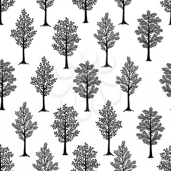 Seamless pattern. Black Trees isolated on white background. Ideal for textile print and wallpapers.