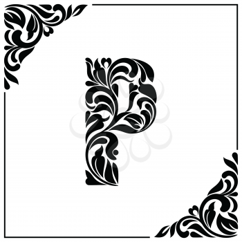 The letter P. Decorative Font with swirls and floral elements. Vintage style