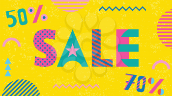 SALE 50% and 70%. Trendy geometric font in memphis style of 80s-90s. Abstract geometric shapes and text on yellow background