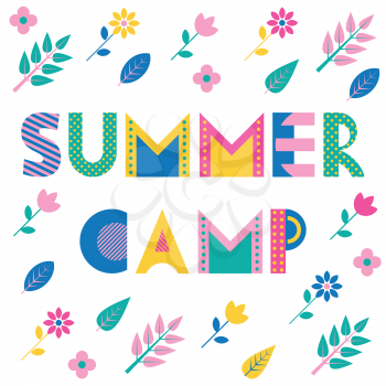 Summer camp. Trendy geometric font. Text, foliage and flowers isolated on a white background. Memphis style of 80s-90s.