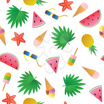 Vector seamless pattern. Watermelon, pineapple, ice cream, glasses, starfish and palm leaves isolated on a white background.