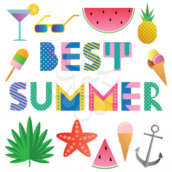 Best Summer. Trendy geometric font in Memphis style of 80s-90s. Text and elements isolated on a white background.
