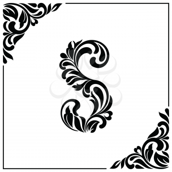 The letter S. Decorative Font with swirls and floral elements. Vintage style