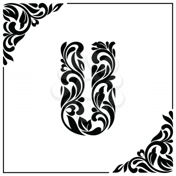 The letter U. Decorative Font with swirls and floral elements. Vintage style